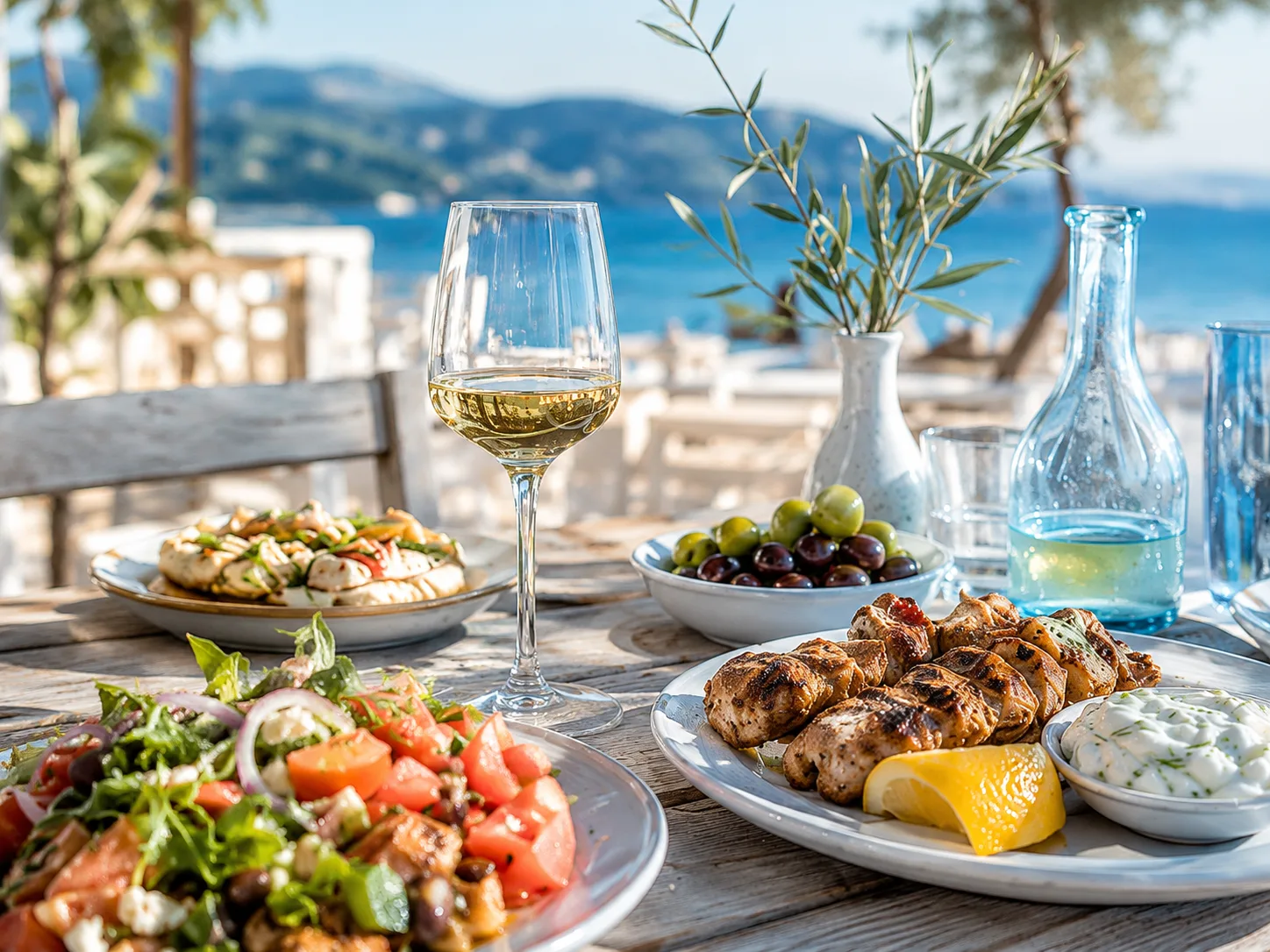 Griechisch gedeckter Tisch mit Vorspeisen und Grillspezialitäten